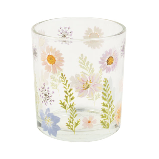 Clear glass votive holder with wildflower print
