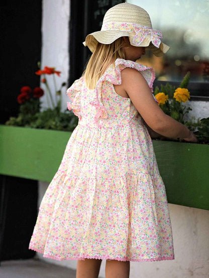 Spring Floral Girls Ruffle Dress With Bow Straw Hat Set: 7