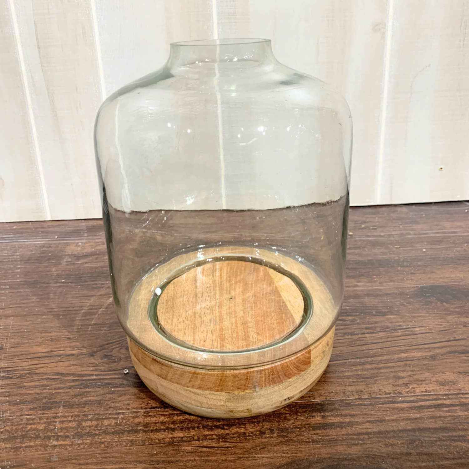 GLASS CANDLE HOLDER W/WOOD BASE 10.25" H X 7" DIA
