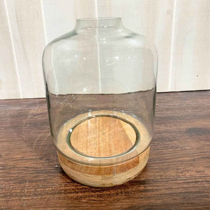 GLASS CANDLE HOLDER W/WOOD BASE 10.25" H X 7" DIA