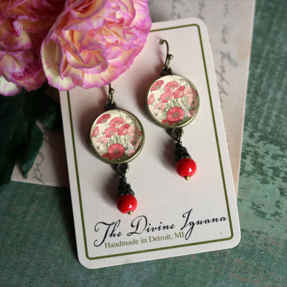 Pink and Red Poppy Flower Glass Cabochon and Bronze Earrings