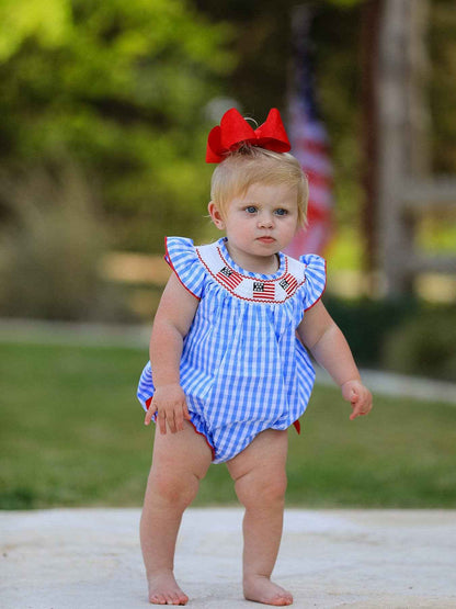 4th of july Flag Embroidery Smocking Girls Romper: 3M