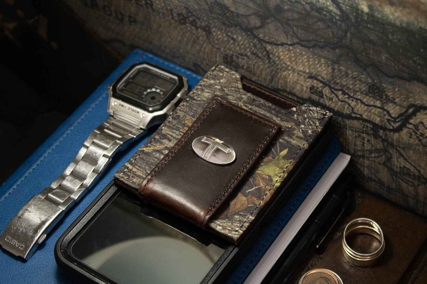 Christian Cross Magnetic Leather Slim Wallet: Pebble Black