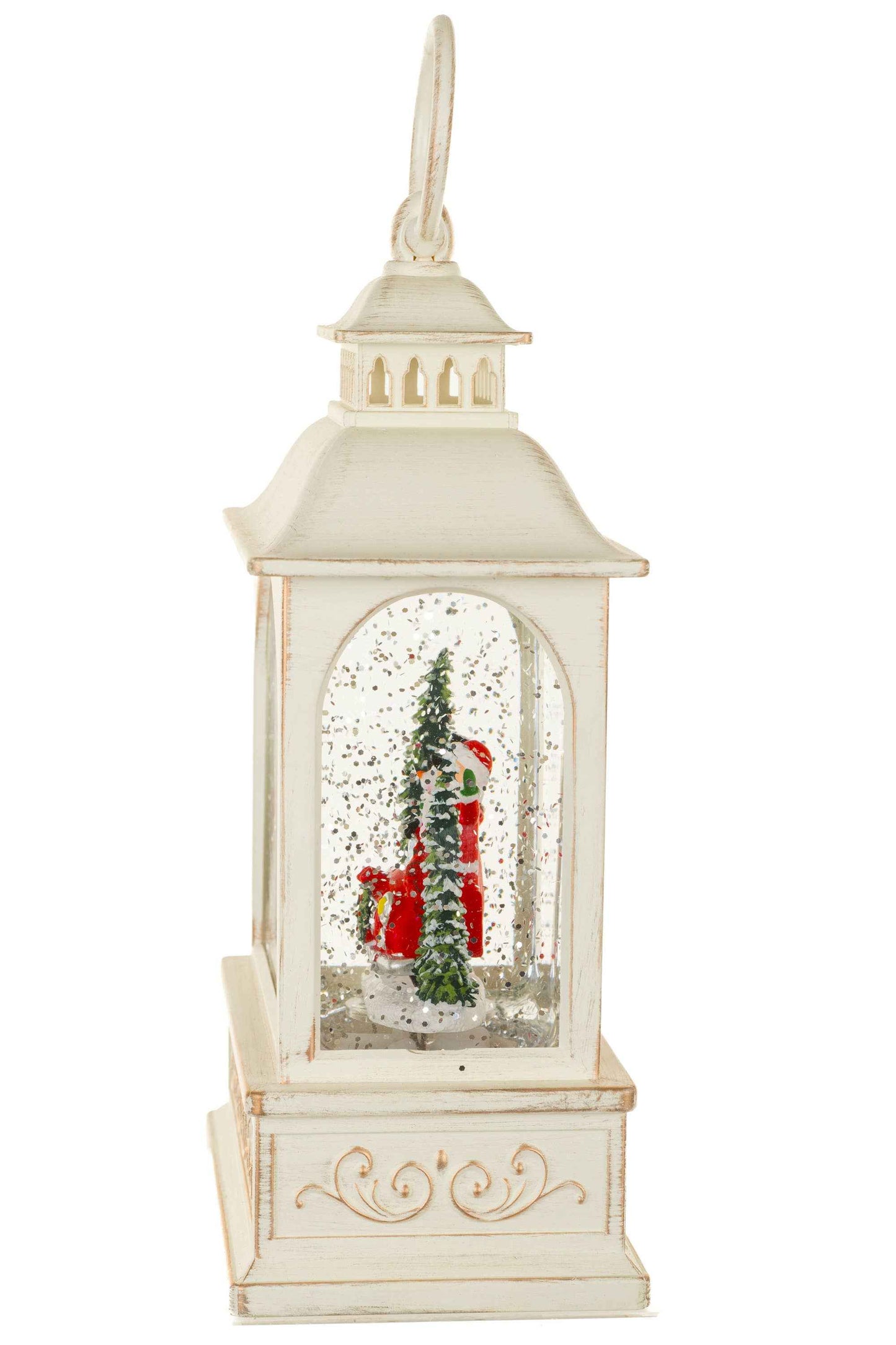 NEW-Off-White Lantern Snow Globe with Santa's Sports Car