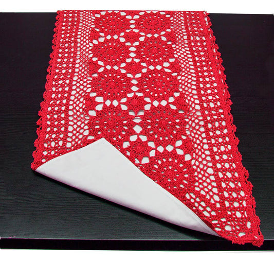 Red Hand Crocheted Mandala Cotton Table Runner