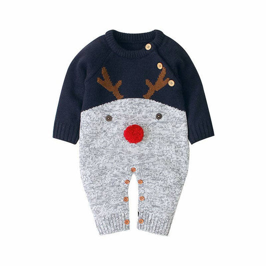 Baby Cartton Pattern Contrast Design Side Button Christmas Knitted Romper: Navy Blue / 90 (12-24M)