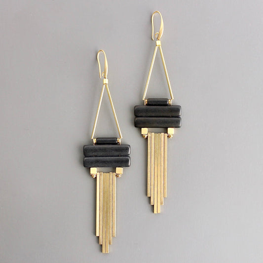 Geometric black magnesite and brass earrings