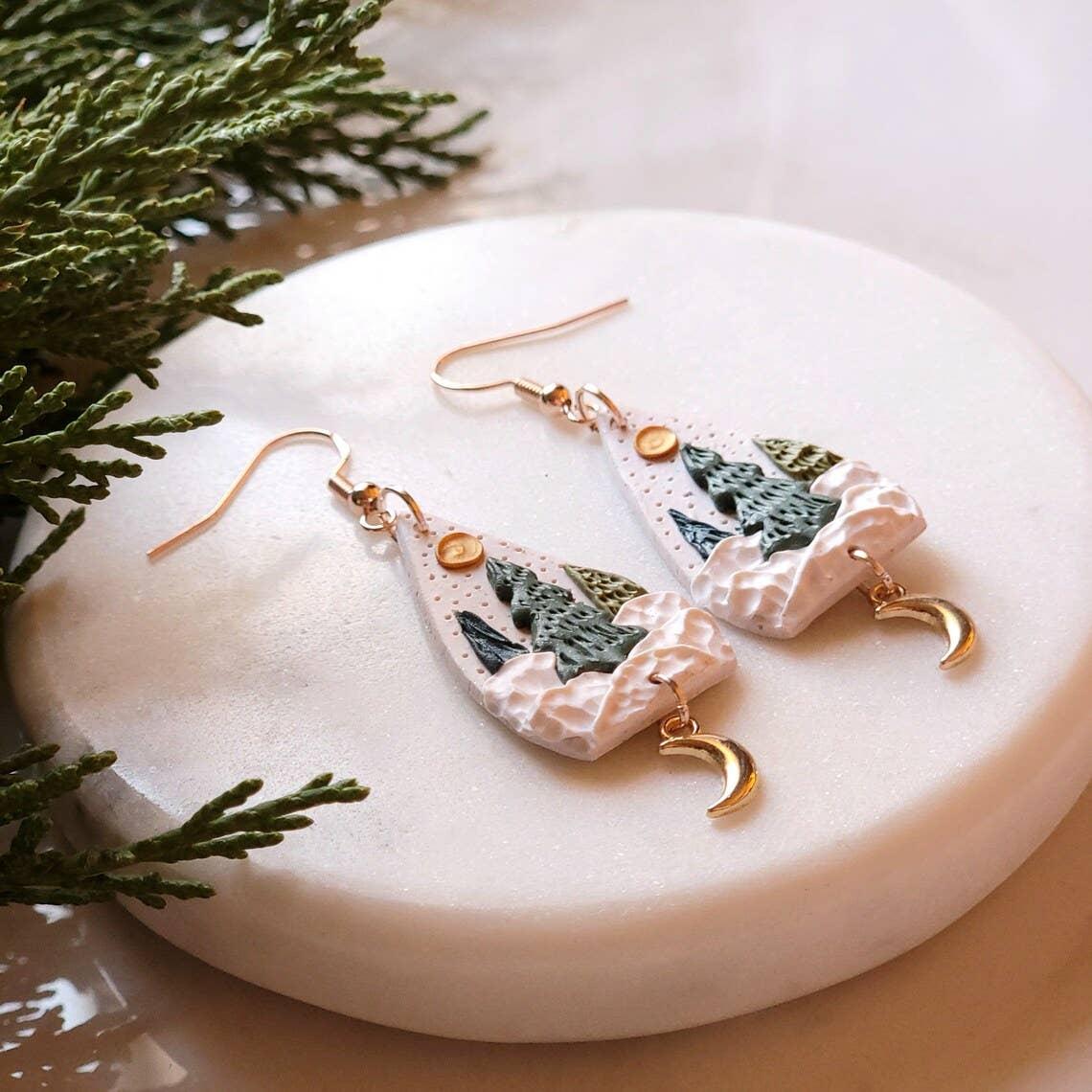 Enchanted Christmas Tree Winter Clay Gold Moon Earrings