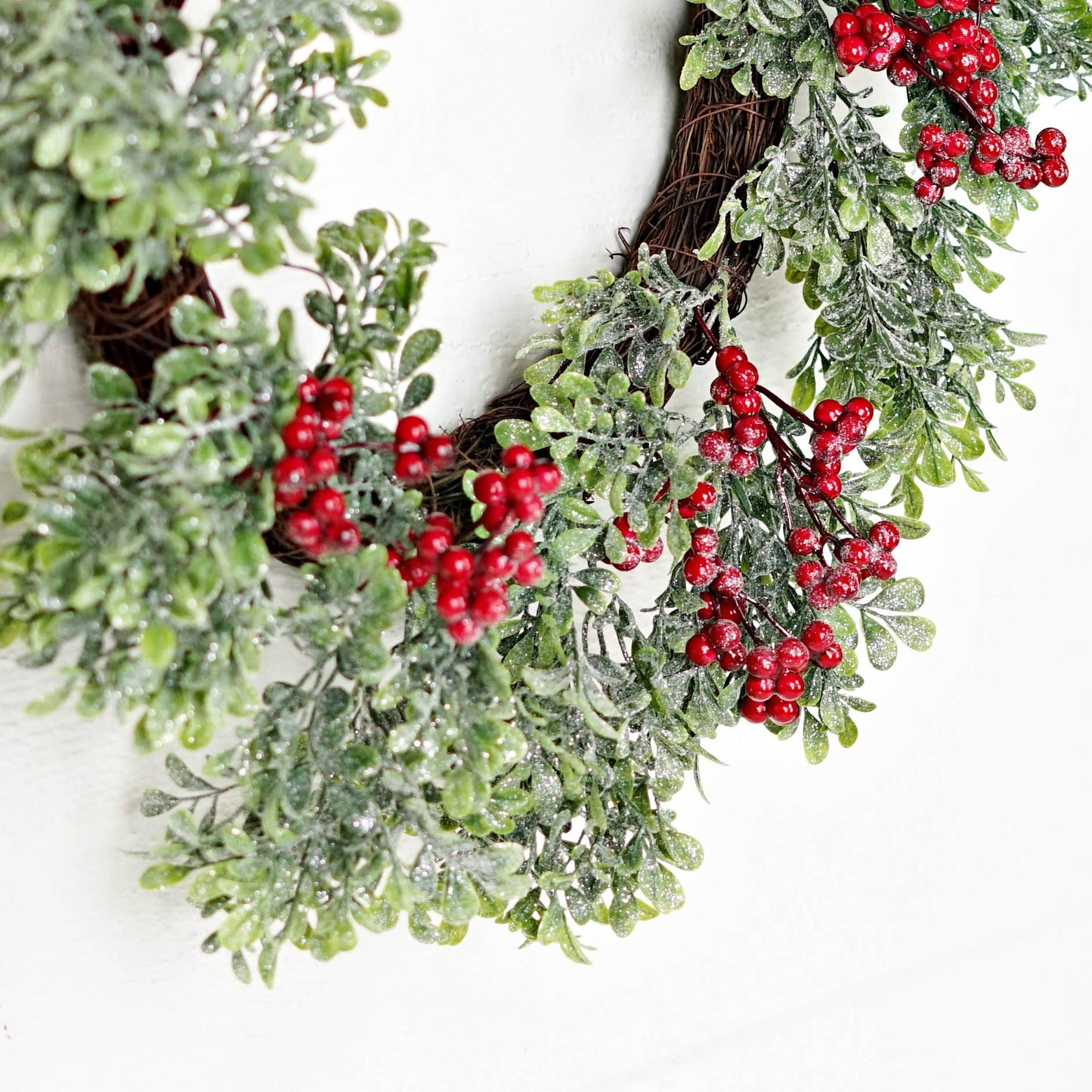 22in Twig Wreath-Icy Sparkle Boxwood with Red