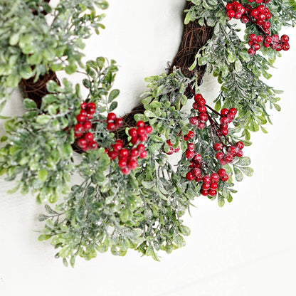 22in Twig Wreath-Icy Sparkle Boxwood with Red