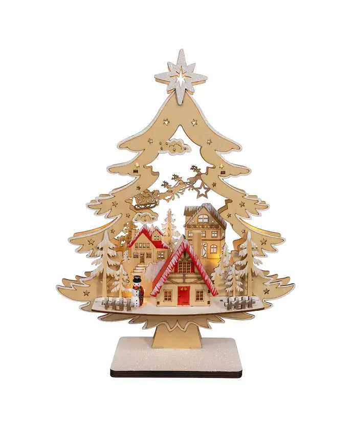 15" Bo Plywooden LED Tree W/Village Scene