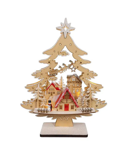 15" Bo Plywooden LED Tree W/Village Scene