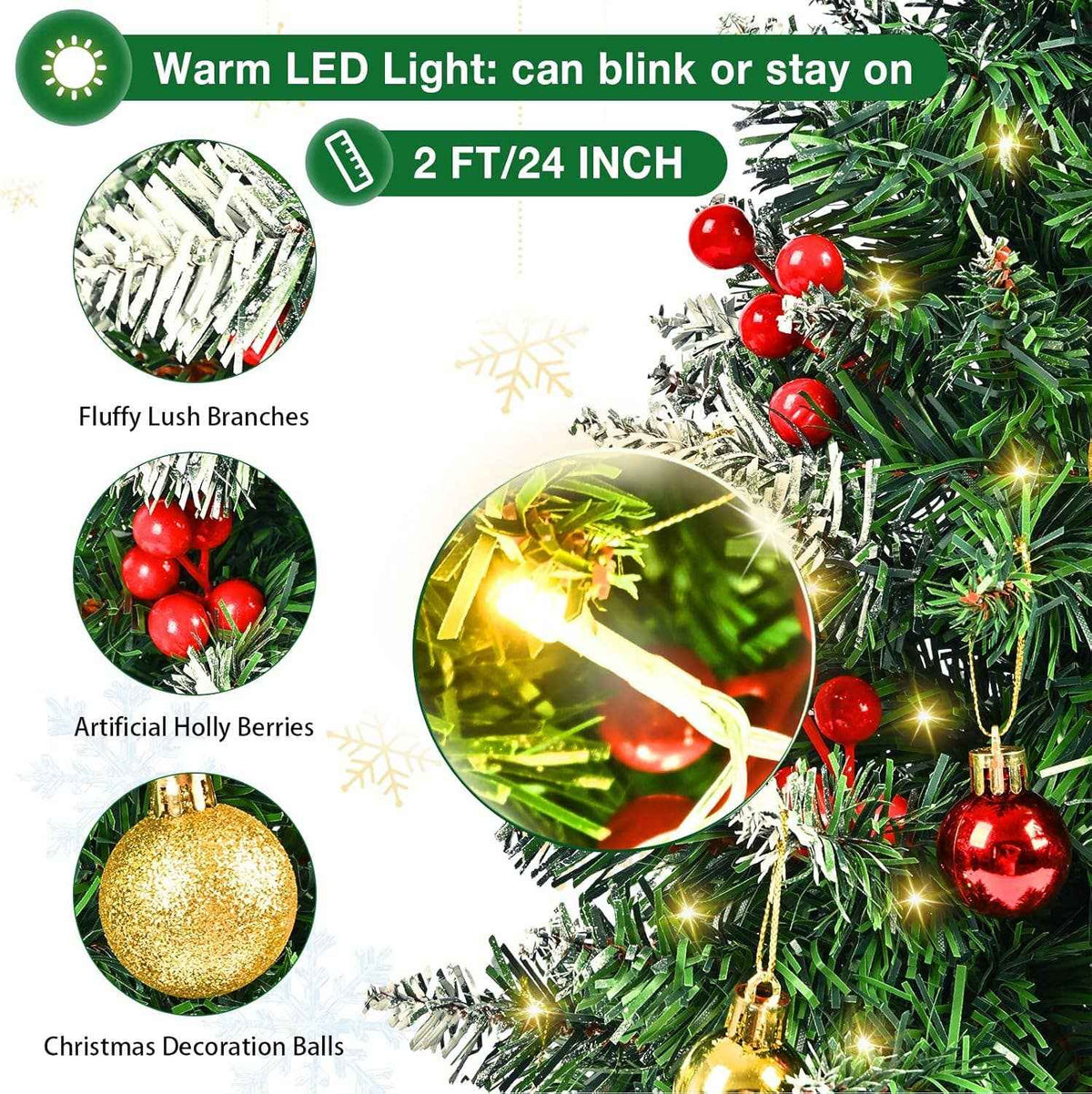 24" Tabletop Christmas Tree | Pre-Lit Lights and Ornaments