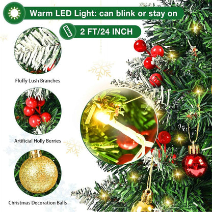 24" Tabletop Christmas Tree | Pre-Lit Lights and Ornaments