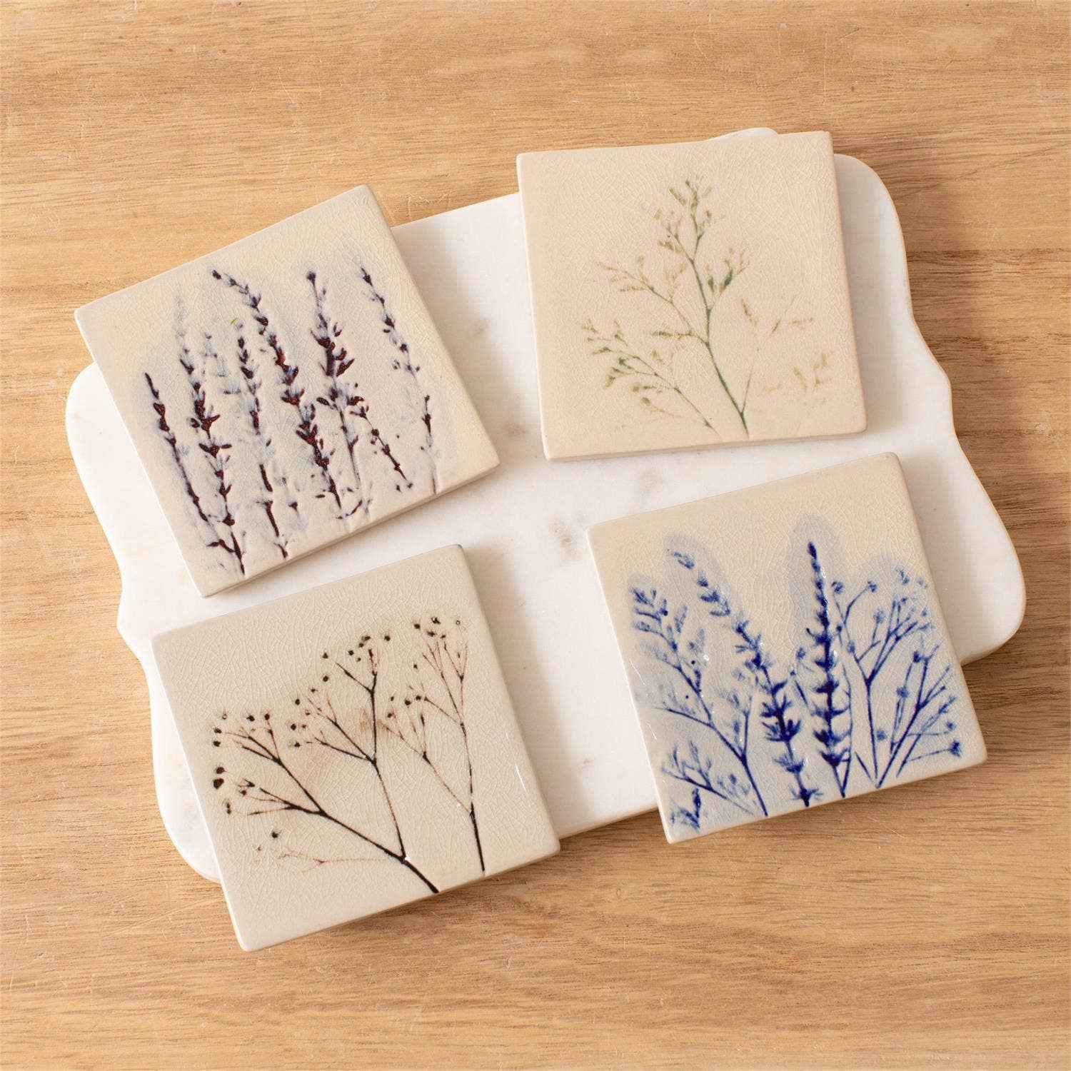 Pressed Wildflower Stoneware Coasters – Set of 4 (Pk/4 Sets)