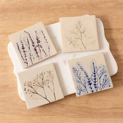 Pressed Wildflower Stoneware Coasters – Set of 4 (Pk/4 Sets)
