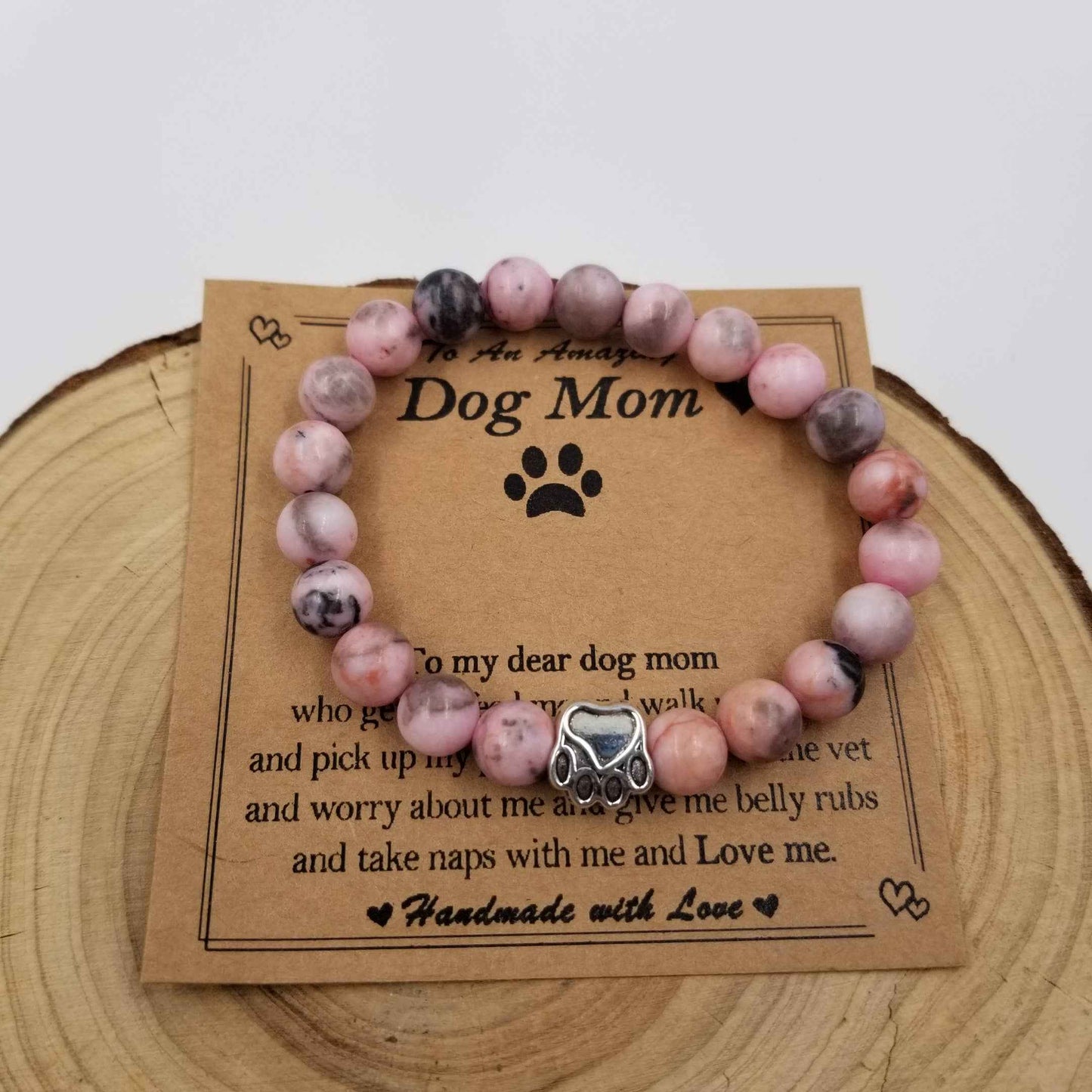 Natural Stone Dog Mom Bracelet With Card: Green