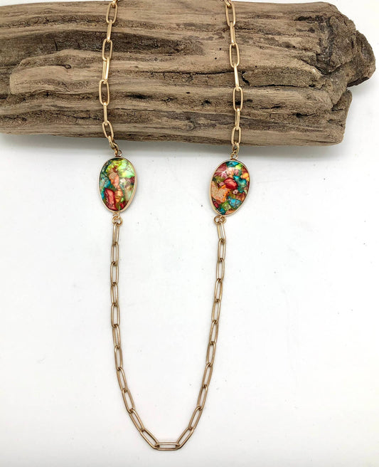 Necklace Matte Gold Paper Clip Chain w/Imperial Jasper 36”