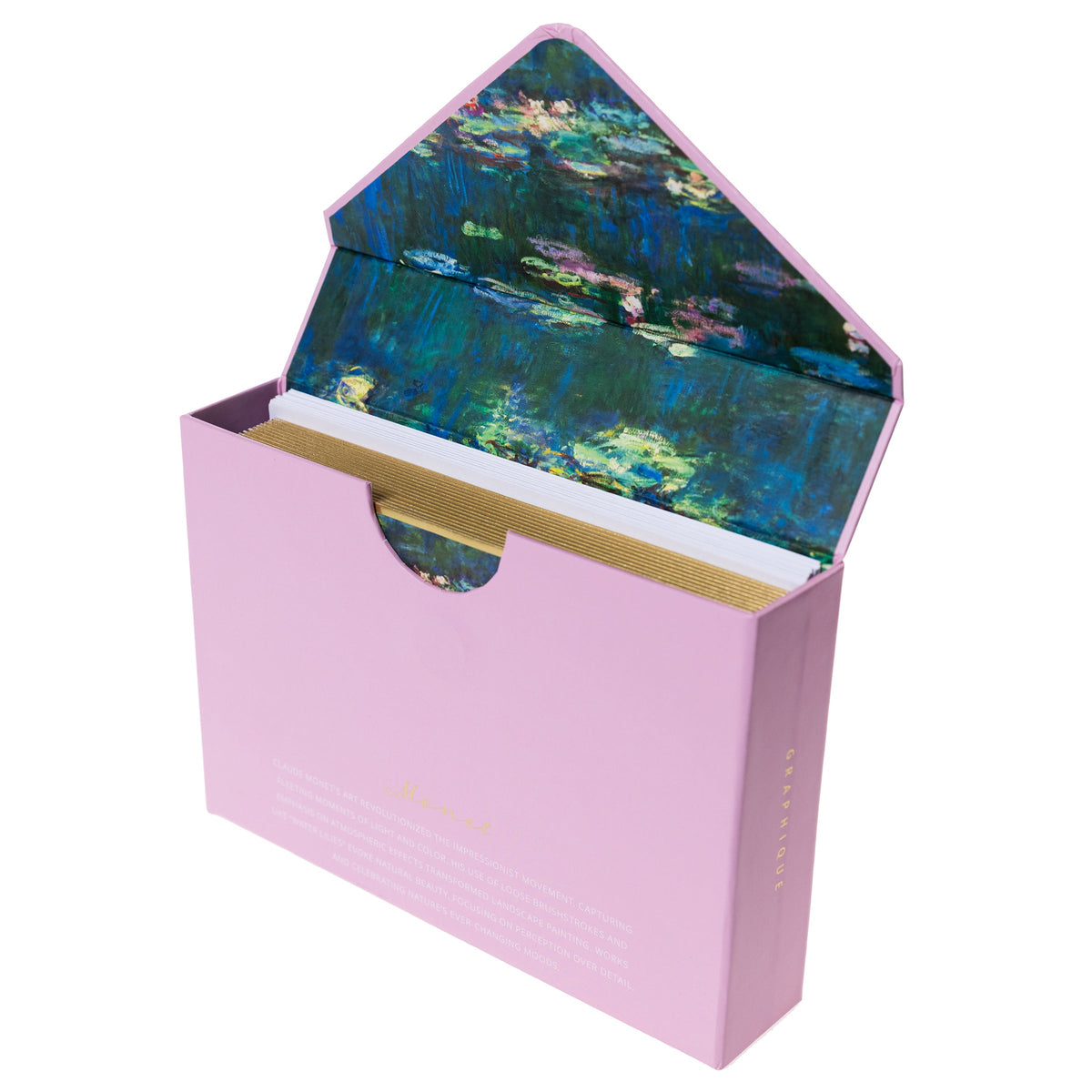 Monet Water Lilies Keepsake Boxed Cards, A pink box with a gold foil bordered reproduction of Monet's Water Lilies painting on the lid, opened to show blank cards and envelopes inside.