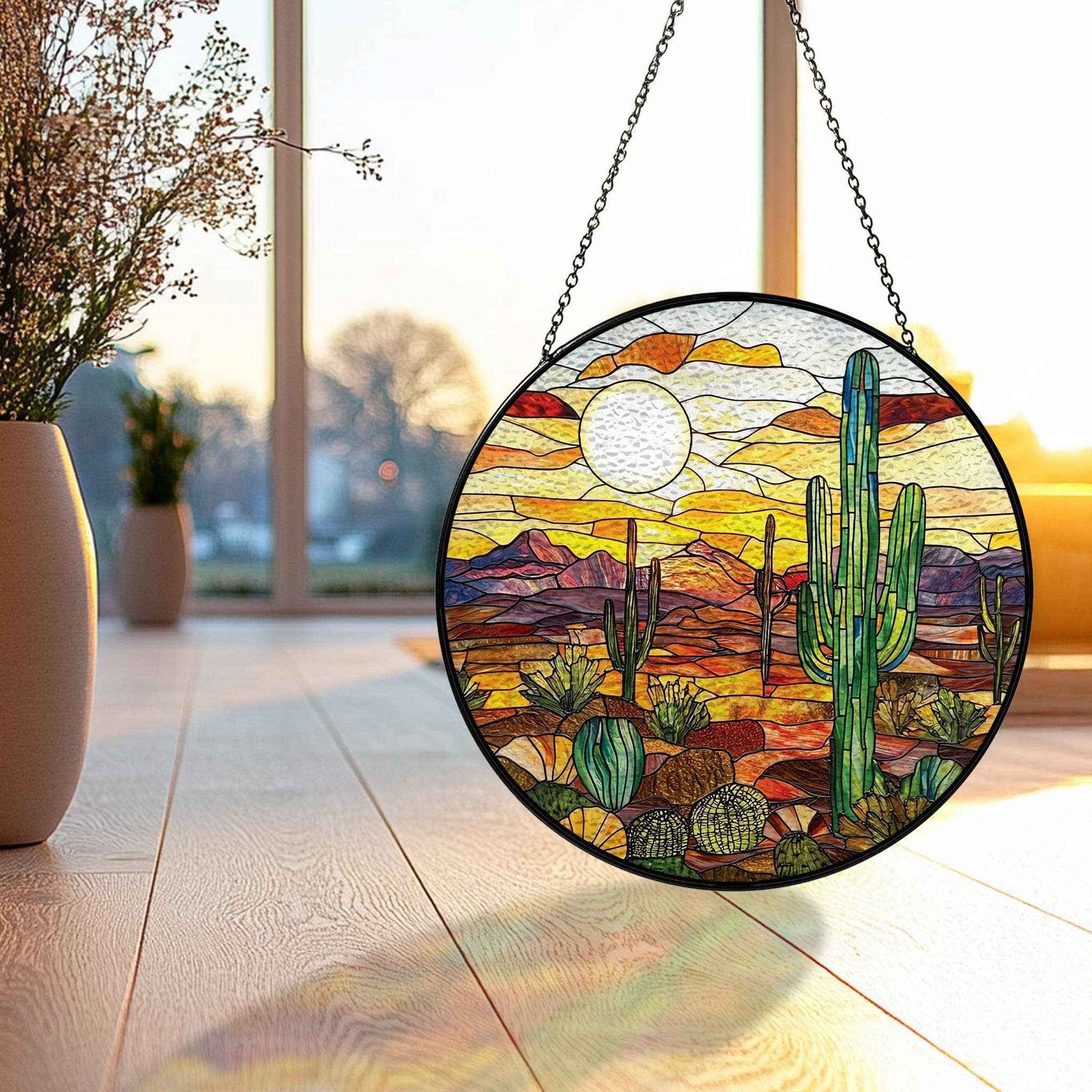 Cactus Landscape Stained Glass Suncatcher, Sunset Ornament