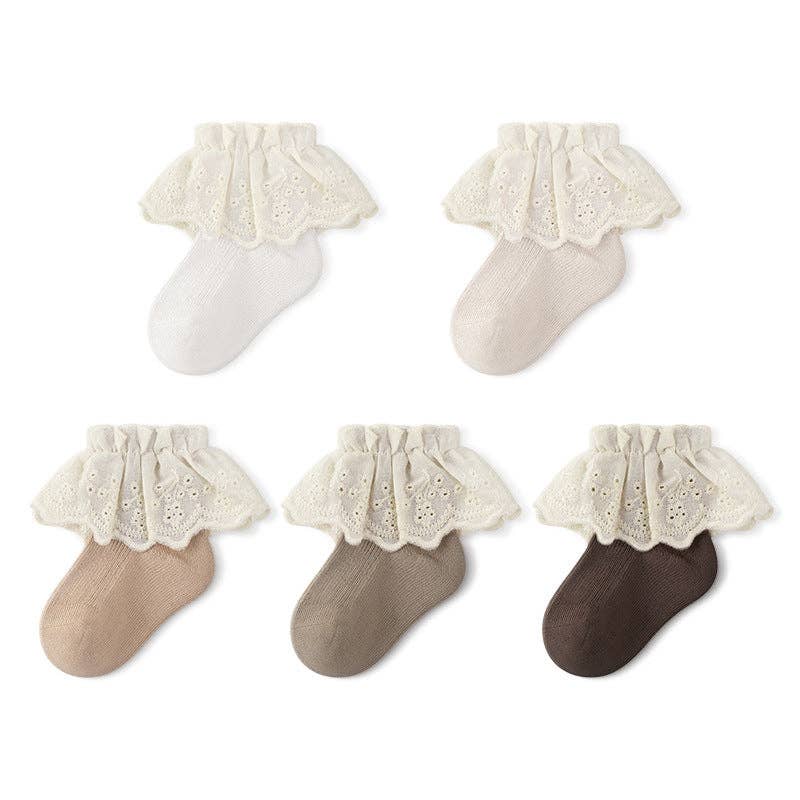 Autumn and Spring Baby Kids Girls Breathable Lace Trim Vintage Socks: Beige / S (0-1Y)