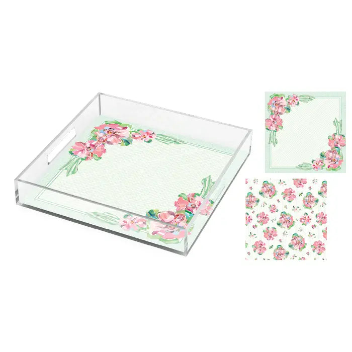 Green Zinnia Florals Acrylic Tray 12x12