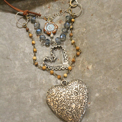 The Primitive Peddler, Inc. - Czech Flower & Leather Silver Heart Layered Necklace
