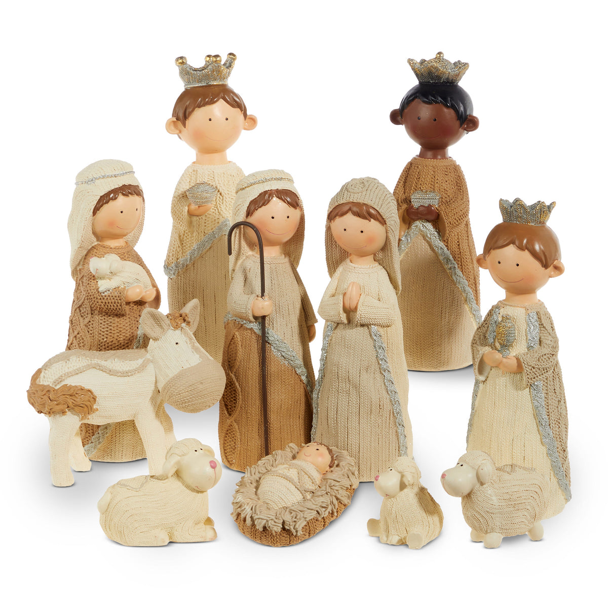 8.75 Inch Knit Nativity, Set of 11, An eleven-piece resin nativity set finished in a cream cable-knit texture with the three kings, a shepherd, Mary, Joseph, Baby Jesus, a donkey, and sheep.