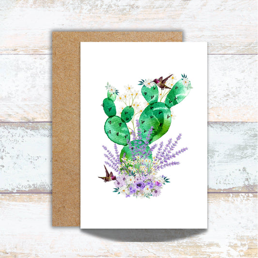 Cactus and Hummingbirds Watercolor Greeting Card