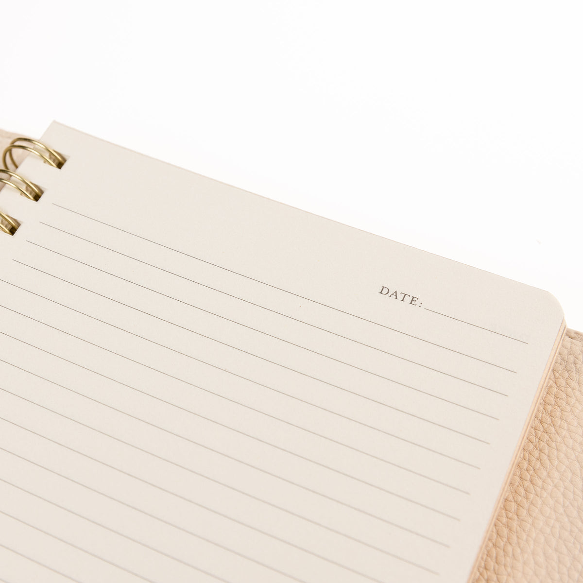 Taupe Vegan Leather Wrap Journal, A taupe vegan leather wrap journal with a scalloped flap and pebbled texture, shown open with its removable spiral insert and pen loop.