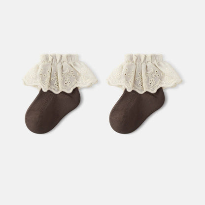 Autumn and Spring Baby Kids Girls Breathable Lace Trim Vintage Socks: Beige / S (0-1Y)