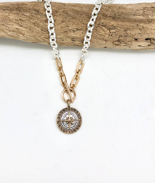 Necklace Alloy Plated Silver Link Chain w/Compass Drop 18”