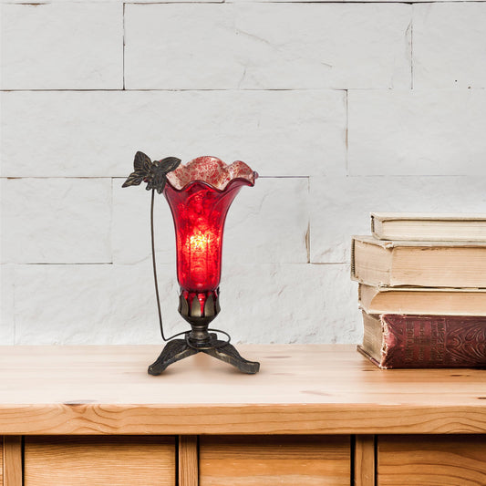 9"H Red Hand Blown Mercury Glass Butterfly Lily Lamp