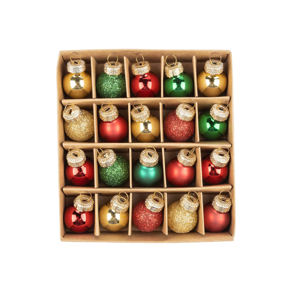 A33008:Set of 20 mini glass orns,red,green,& gold,shiny,m