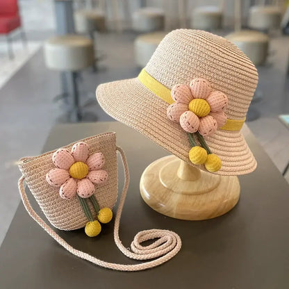 Sun Protection Beach Straw hat&flower Straw Bag 2pcs set