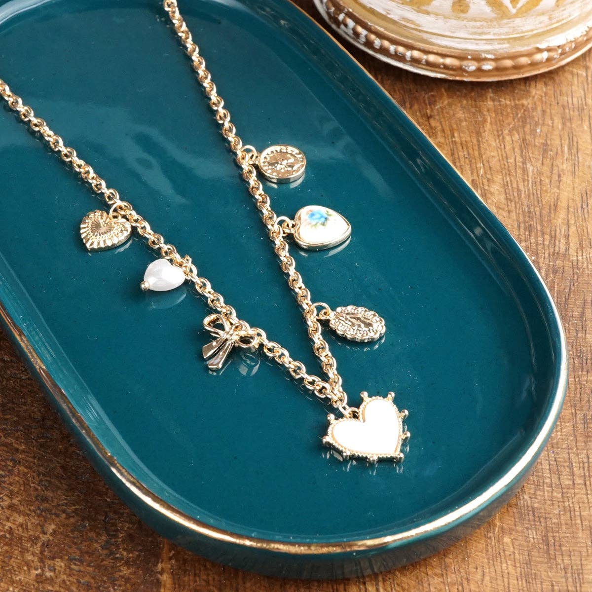 Multi-Charm Heart Necklace in Gold Tone