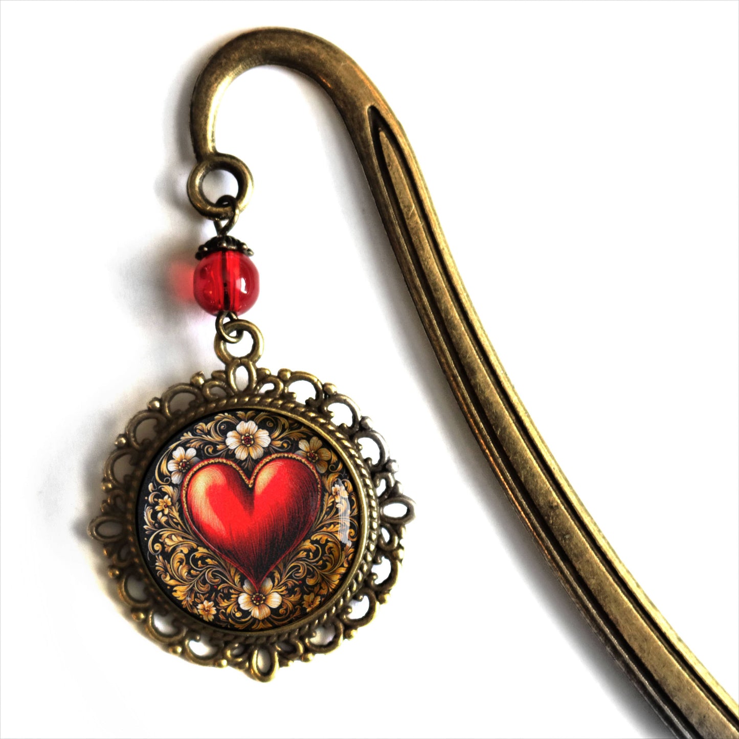 Ornate Heart Bronze and Glass Bookmark