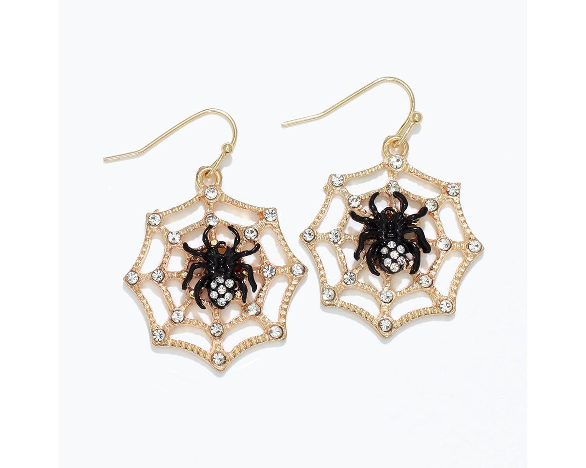 Gold Webs with Spiders Earrings