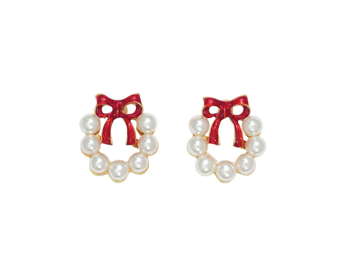 Pearl Wreath and Red Bow Earrings