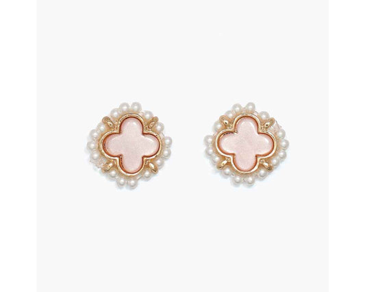 Blush Clover inlay Earrings with Pearl Accents