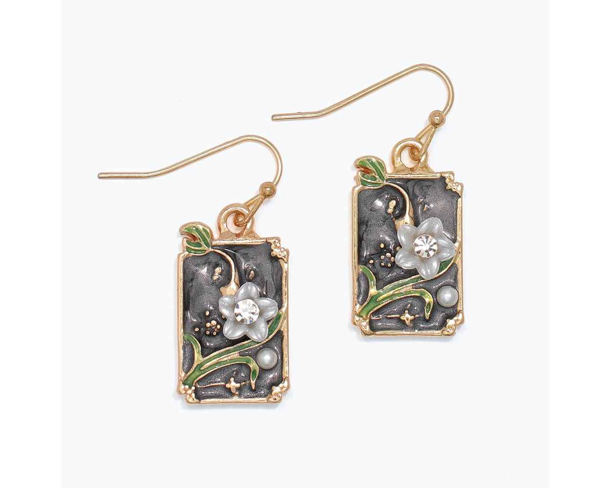 Gray Enamel Flower Scene Earrings