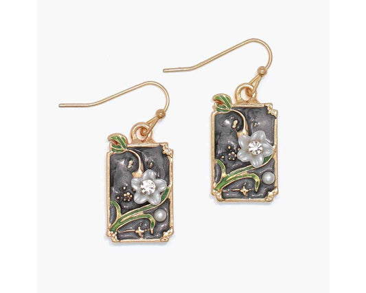 Gray Enamel Flower Scene Earrings