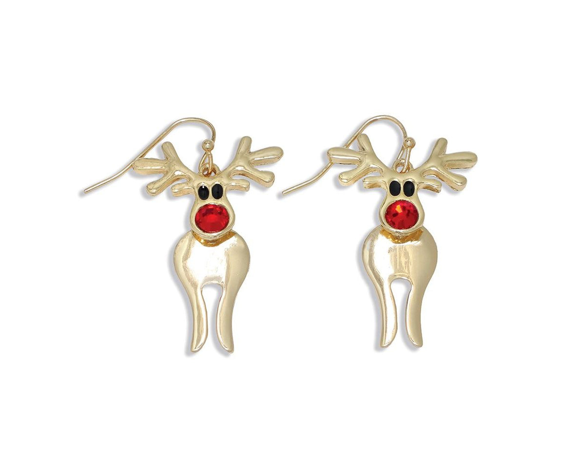 Gold Rudolph with Red Crystal Earrings