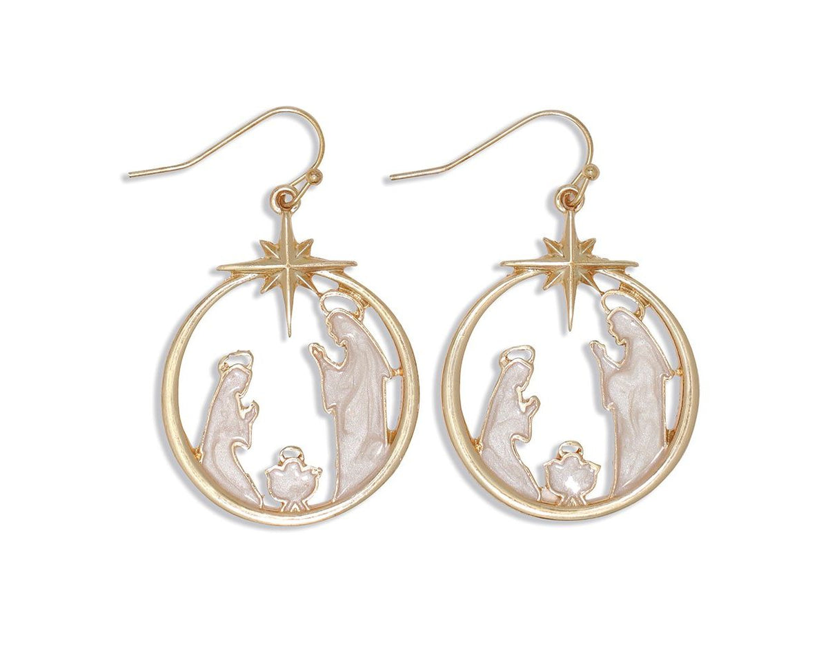 Gold Manger Scene Dangle Earrings