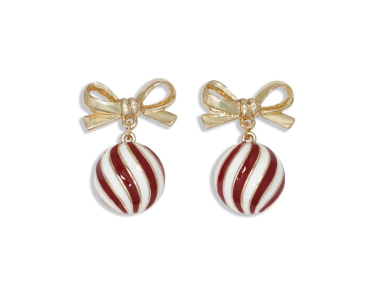 Gold Bows with Red and White Swirls Earrings