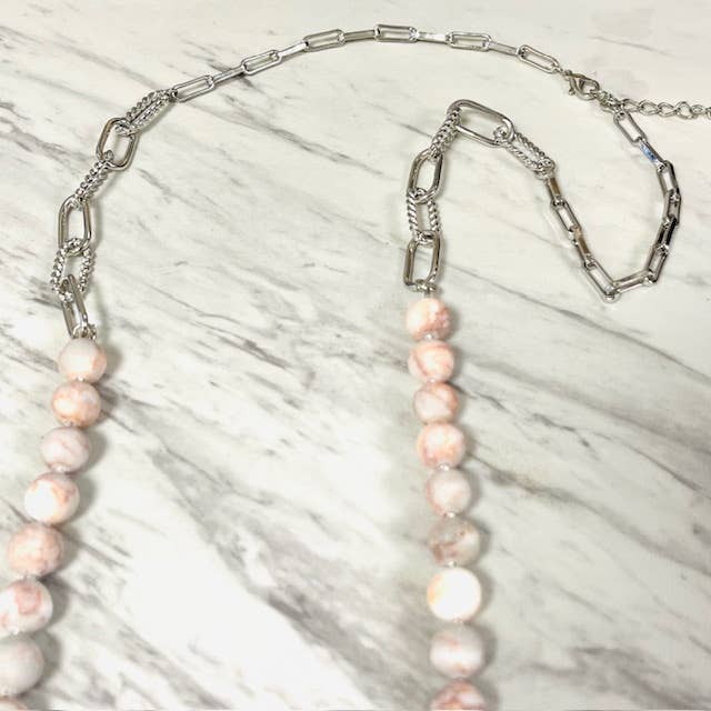 Anita K By Blushing Pink - Layered Rhodonite Necklace with Silver Paper Clip Chain