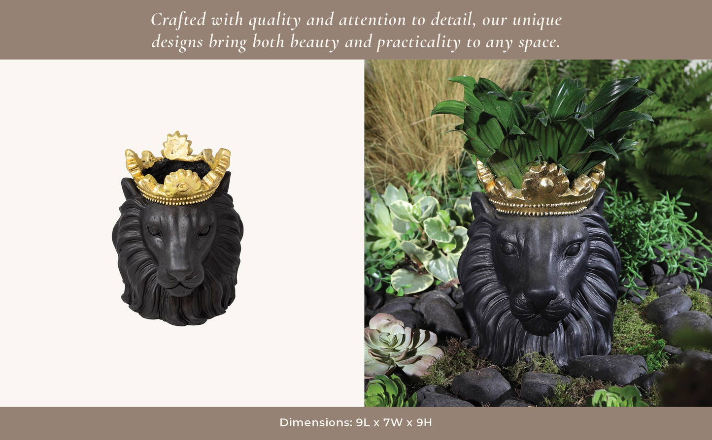 Resin Regal Lion Head Planter with Crown - Black, 9 in.