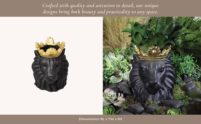 Resin Regal Lion Head Planter with Crown - Black, 9 in.