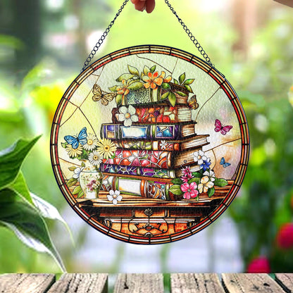 Flower Book Stained Glass Suncatcher, Book Club Ornament