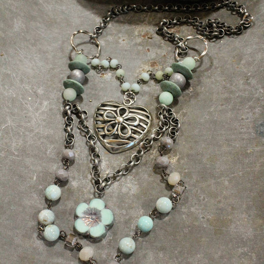 Platinum Heart Flower Pendant With Layers Of Mint Stone & Glass Czech Necklace